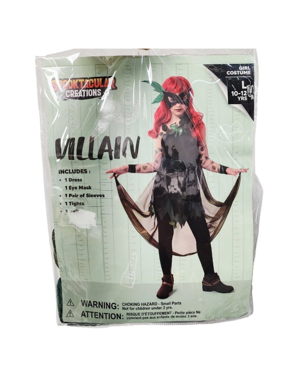Girl Villain Costume L 10-12 Dress Eye Mask Sleeves Tights Belt Halloween